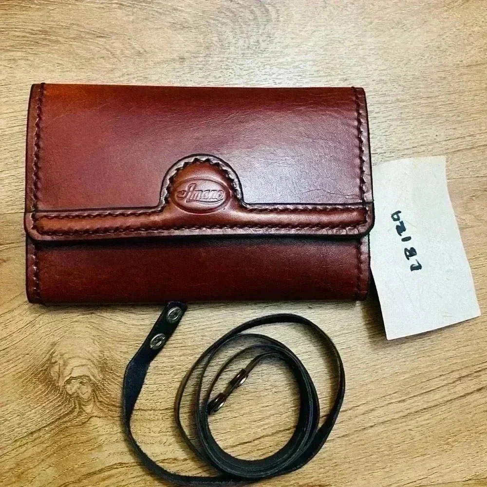 Deadstock AMANO women leather purse detachable strap‎ brown card slot coin purse